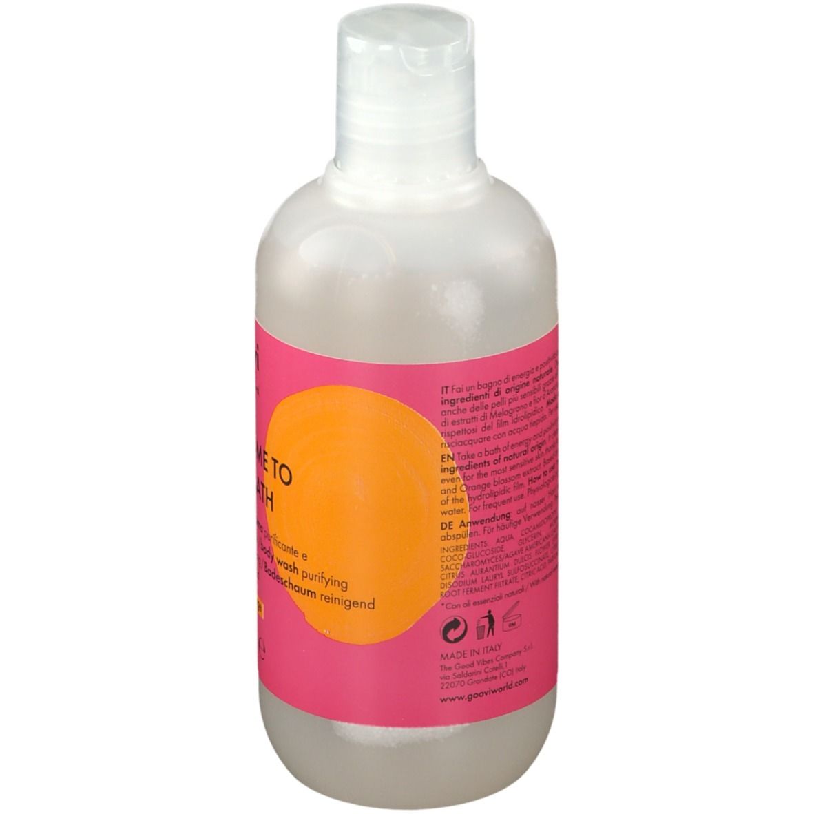 Dos de la bouteille de gel douche Goovi. Étiquette rose avec texte et informations. Cercle orange. Code-barres en bas.