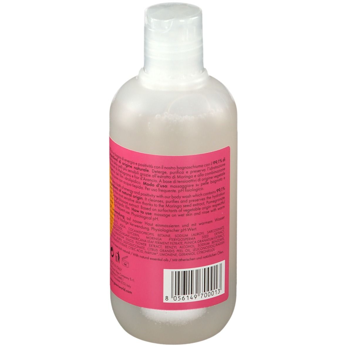 Dos de la bouteille de gel douche Goovi. Étiquette rose avec texte et informations. Code-barres en bas.