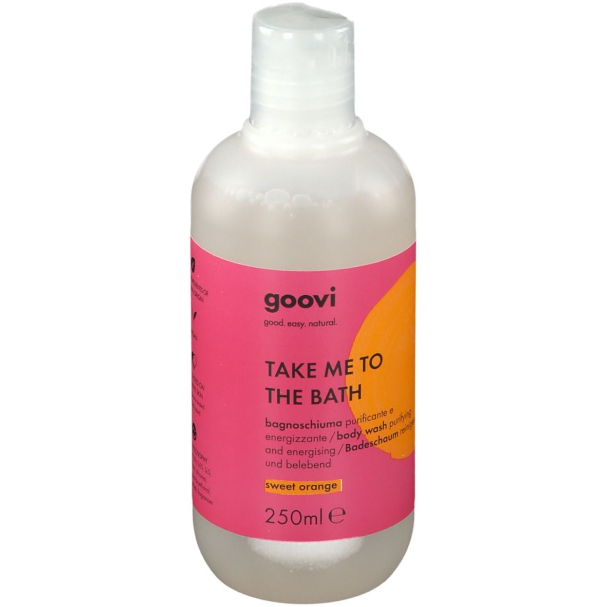 Gel douche Goovi Take Me To The Bath. Bouteille avec bouchon blanc et étiquette rose. Texte : Take Me To The Bath, Sweet Orange, 250ml.