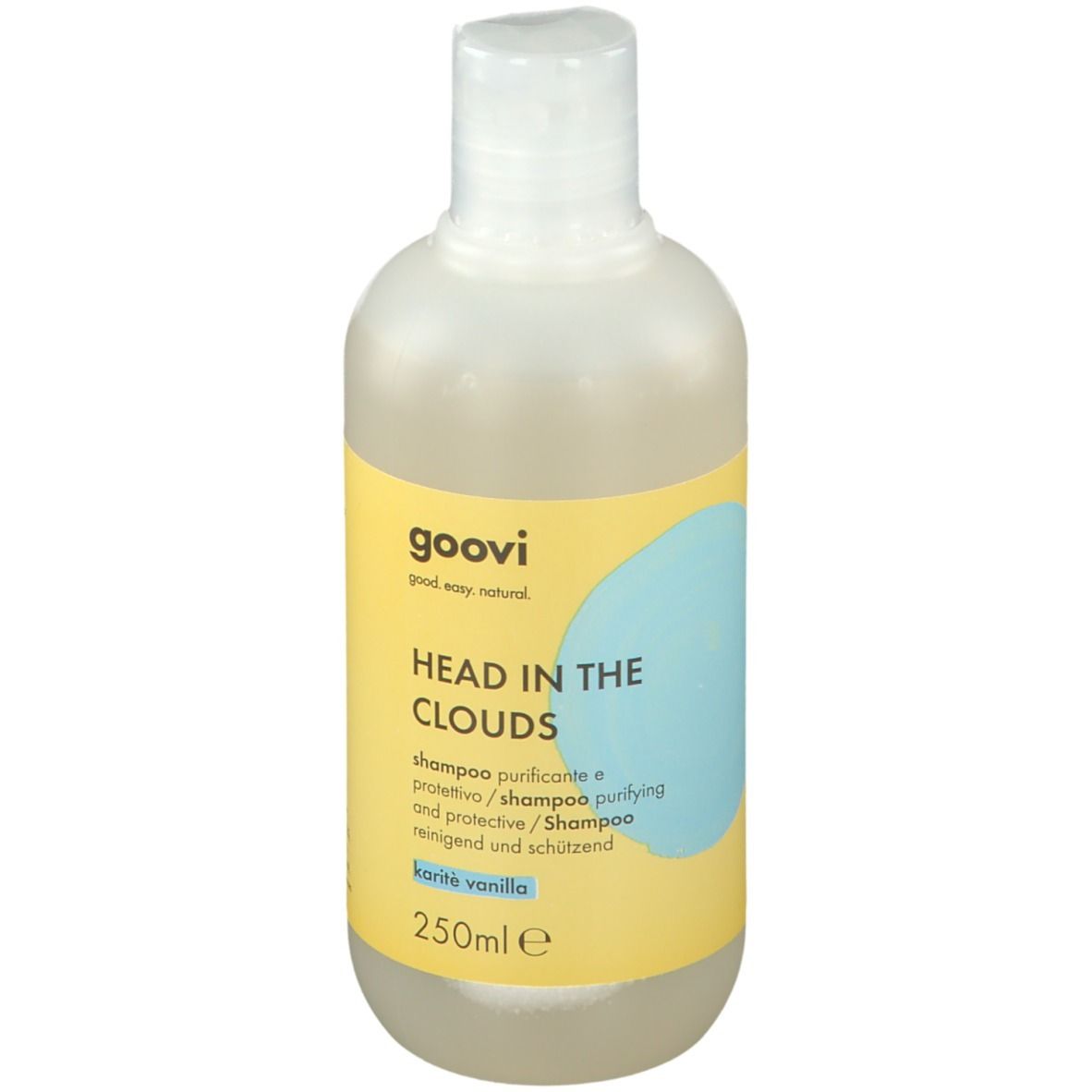 Goovi Shampoo, gelb-weißes Etikett, Text: Head in the Clouds, Shea Vanille, 250ml. Flasche mit weißem Verschluss.