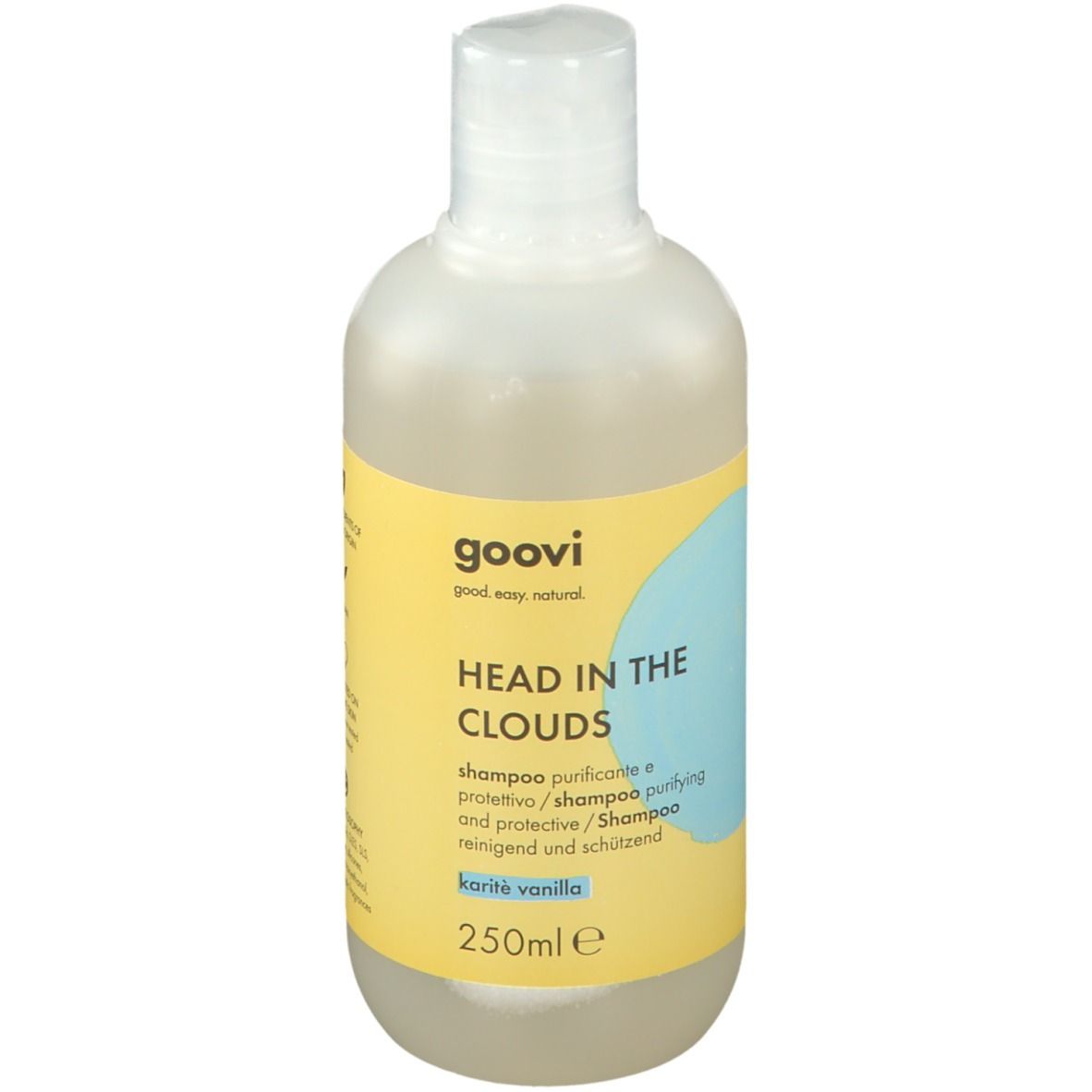 Rückseite der Goovi Shampoo-Flasche. Gelbes Etikett mit Text und Inhaltsangaben. Vegan-Logo. Dermatologisch getestet.