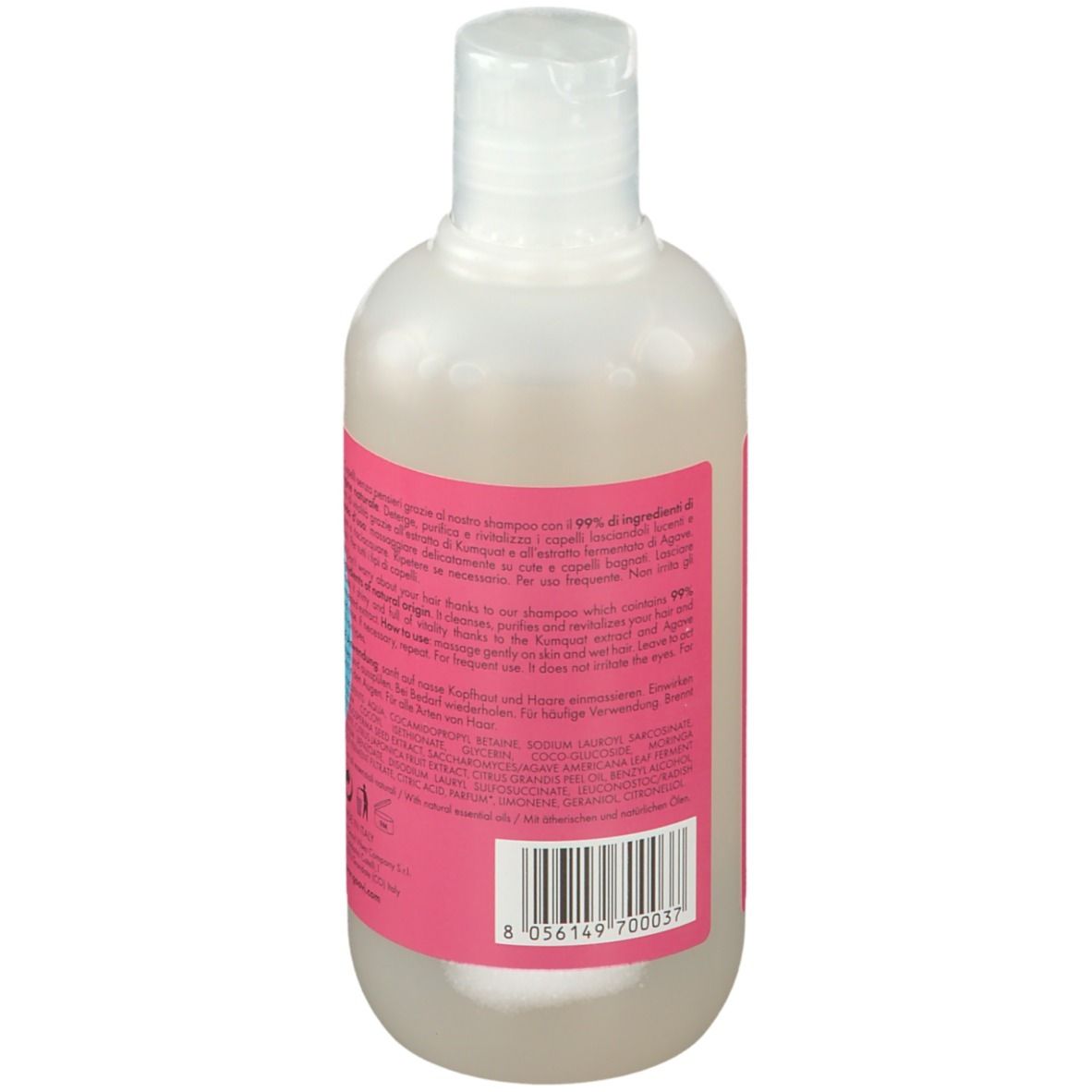 Dos de la bouteille de shampooing Goovi. Étiquette rose avec texte et code-barres. Contient des informations sur le produit.
