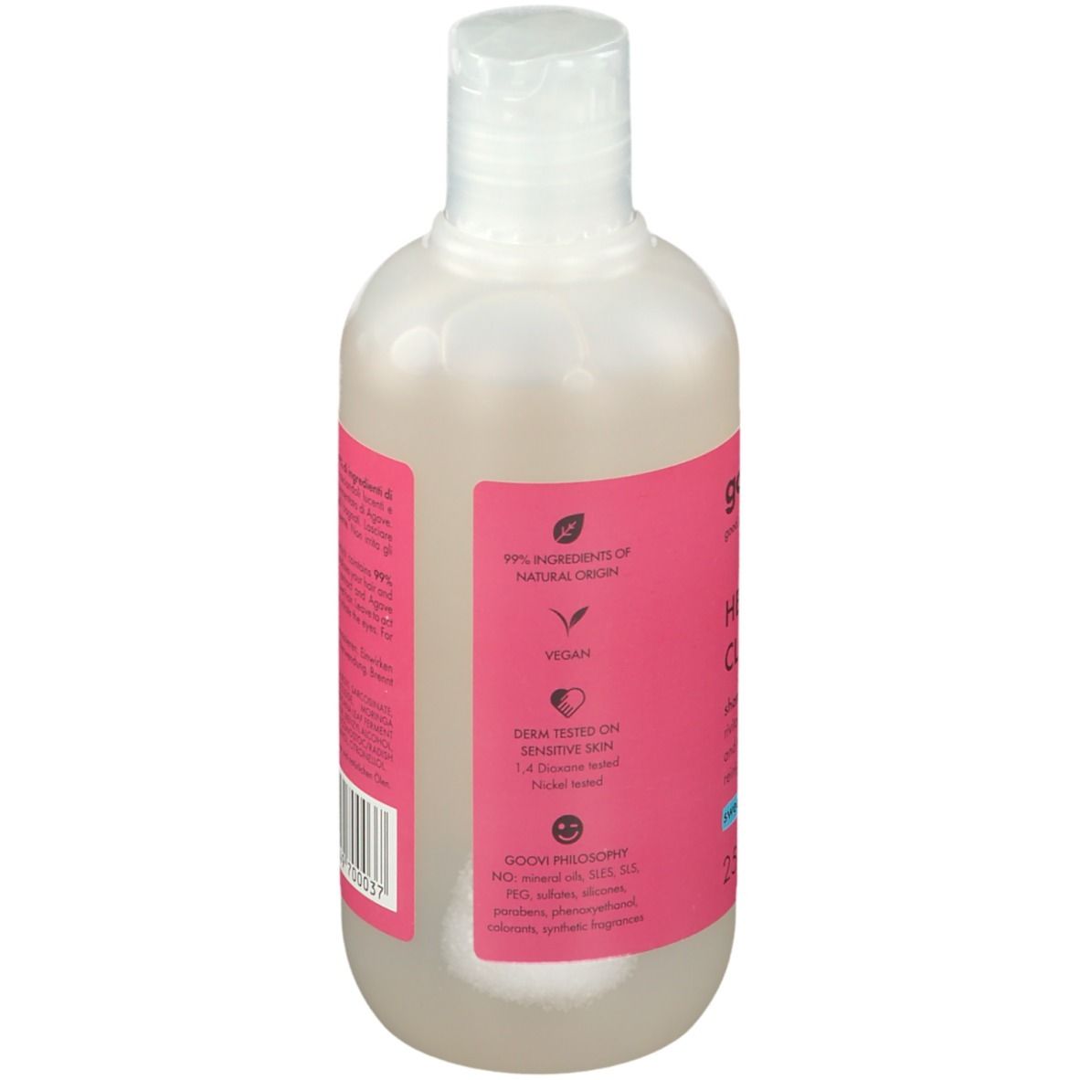 Goovi Shampoo Head In The Clouds. Bouteille avec étiquette rose, cercle bleu et texte. Contient 250ml. Orange douce.