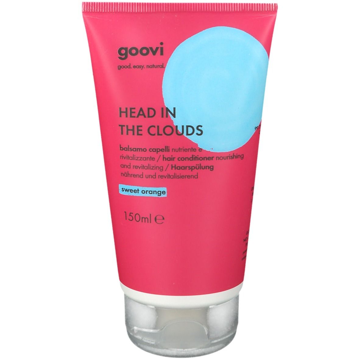 Tube rose avec cercle bleu. Inscription: Goovi, Head in the Clouds, après-shampooing. Orange douce. 150ml.