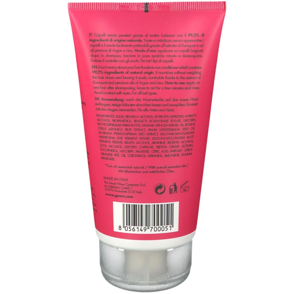 Dos du tube rose. Texte multilingue. Ingrédients, instructions d'utilisation, code-barres.