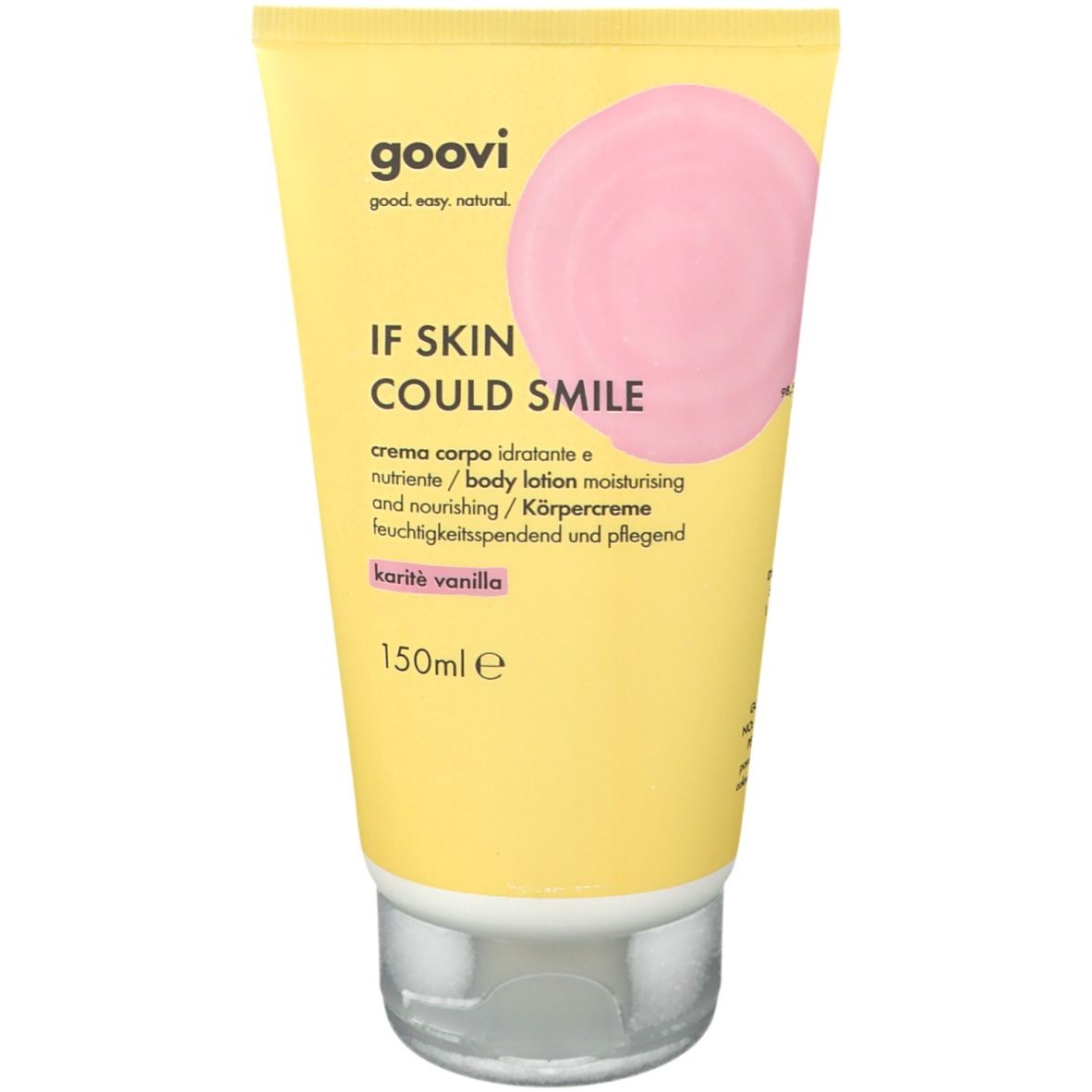Tube jaune avec cercle rose. Inscription: Goovi, If Skin Could Smile, crème pour le corps. 150ml.