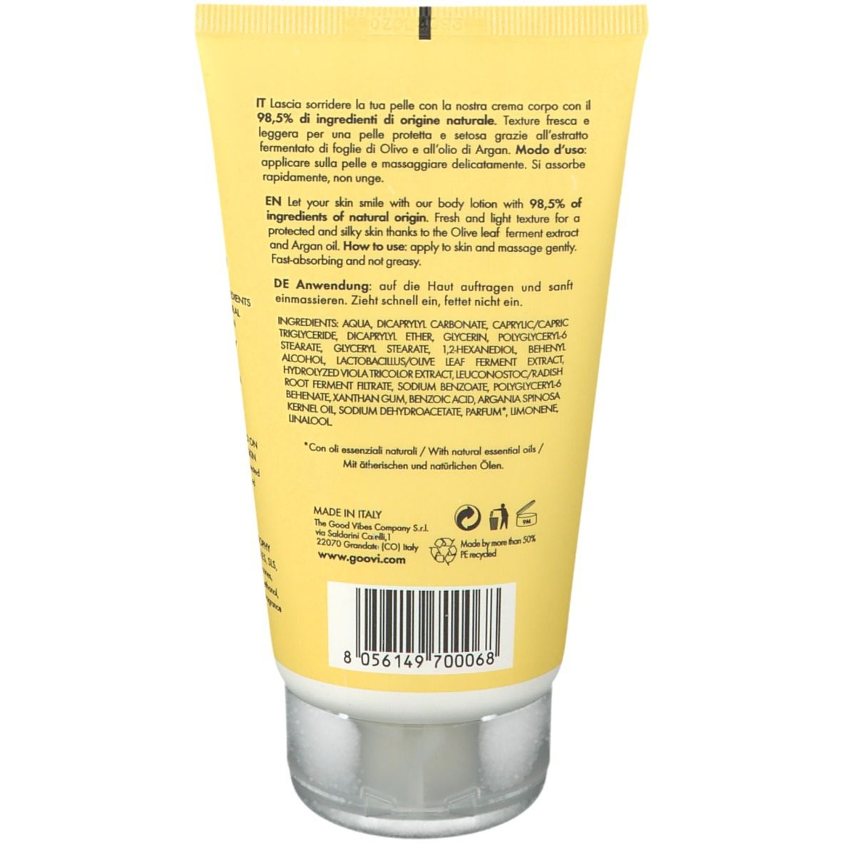 Dos du tube. Texte multilingue. Ingrédients et informations fabricant. Symbole de recyclage.