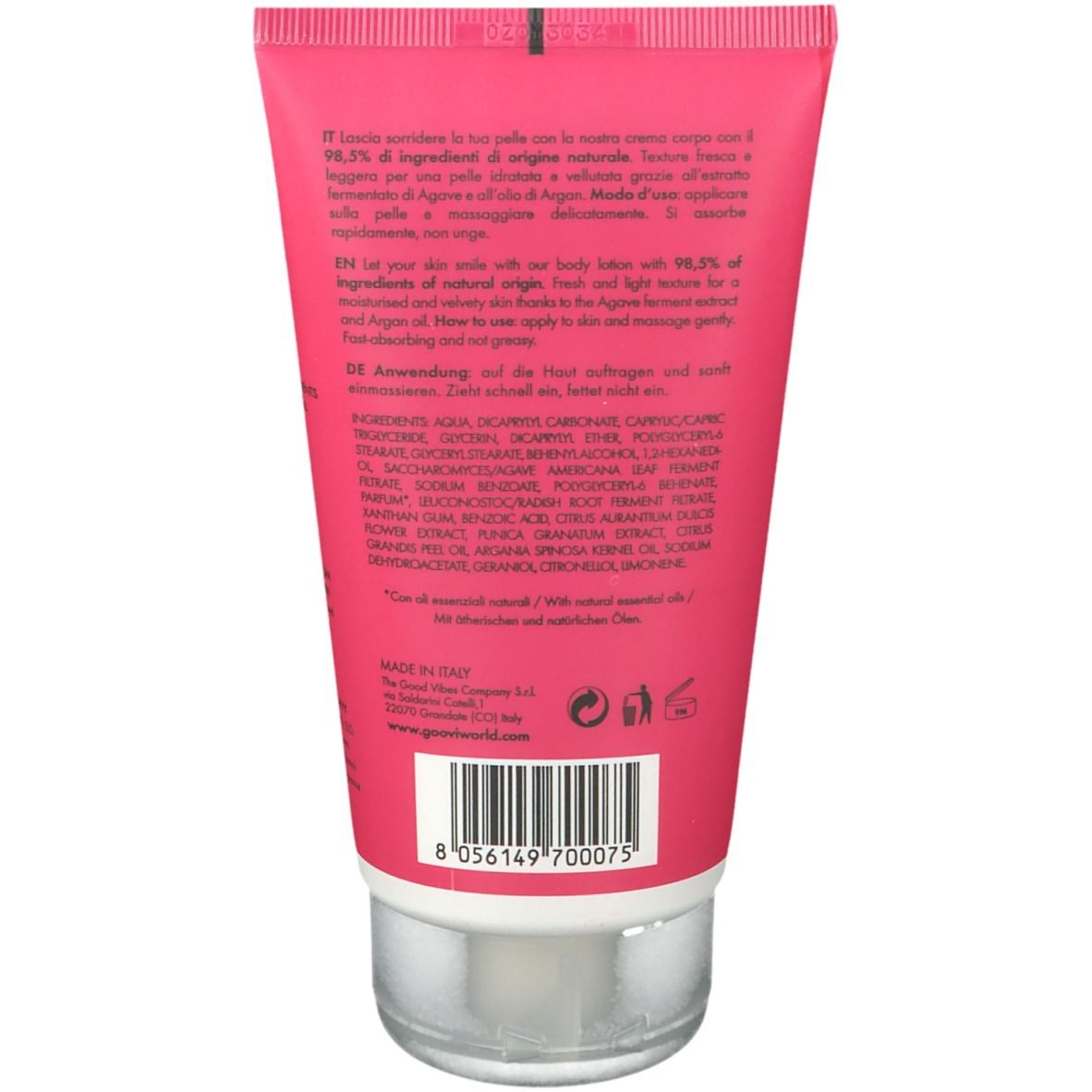 Dos du tube. Texte multilingue. Ingrédients et informations du fabricant. Code-barres en bas.