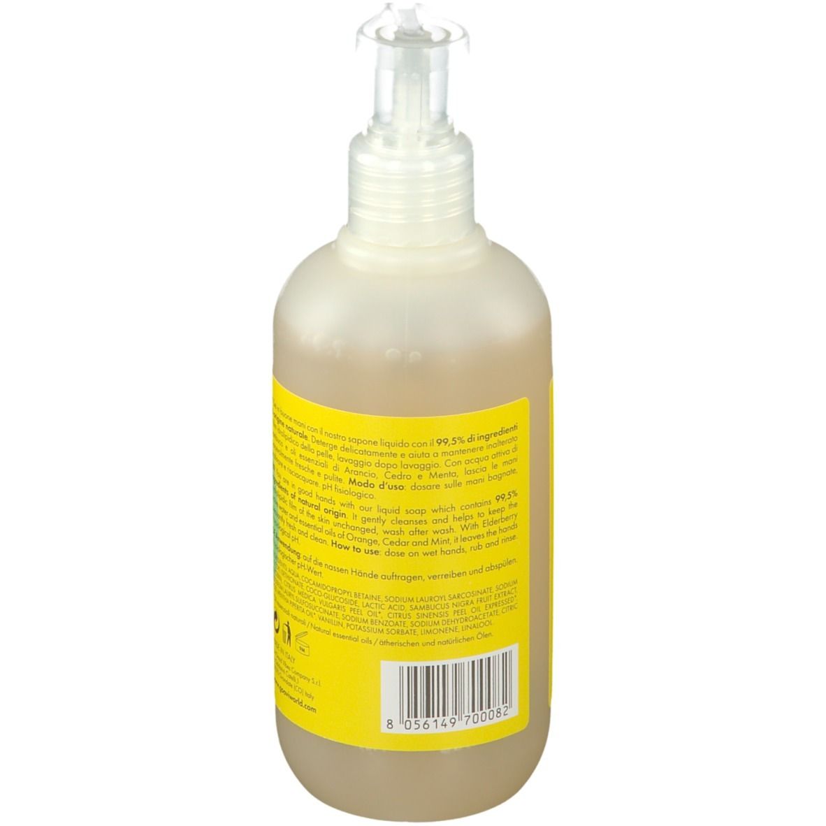 Rückseite der Flüssigseife. Gelbes Etikett mit Text und grüner Kreis. Transparente Flasche mit Spender.