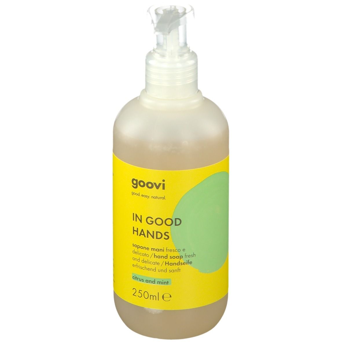 Flüssigseife mit Spender. Gelbe Etikett mit "Goovi", "IN GOOD HANDS", "Citrus and mint". 250ml.