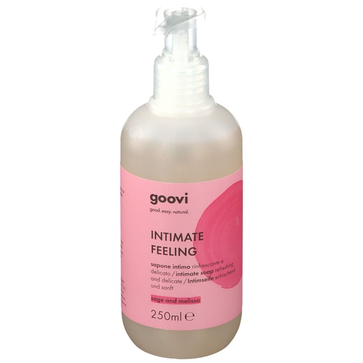 Runde Flasche mit Dosierpumpe. Rosa Etikett mit Produktnamen und Marke Goovi. Text: Intimate Feeling, Salbei und Melisse.