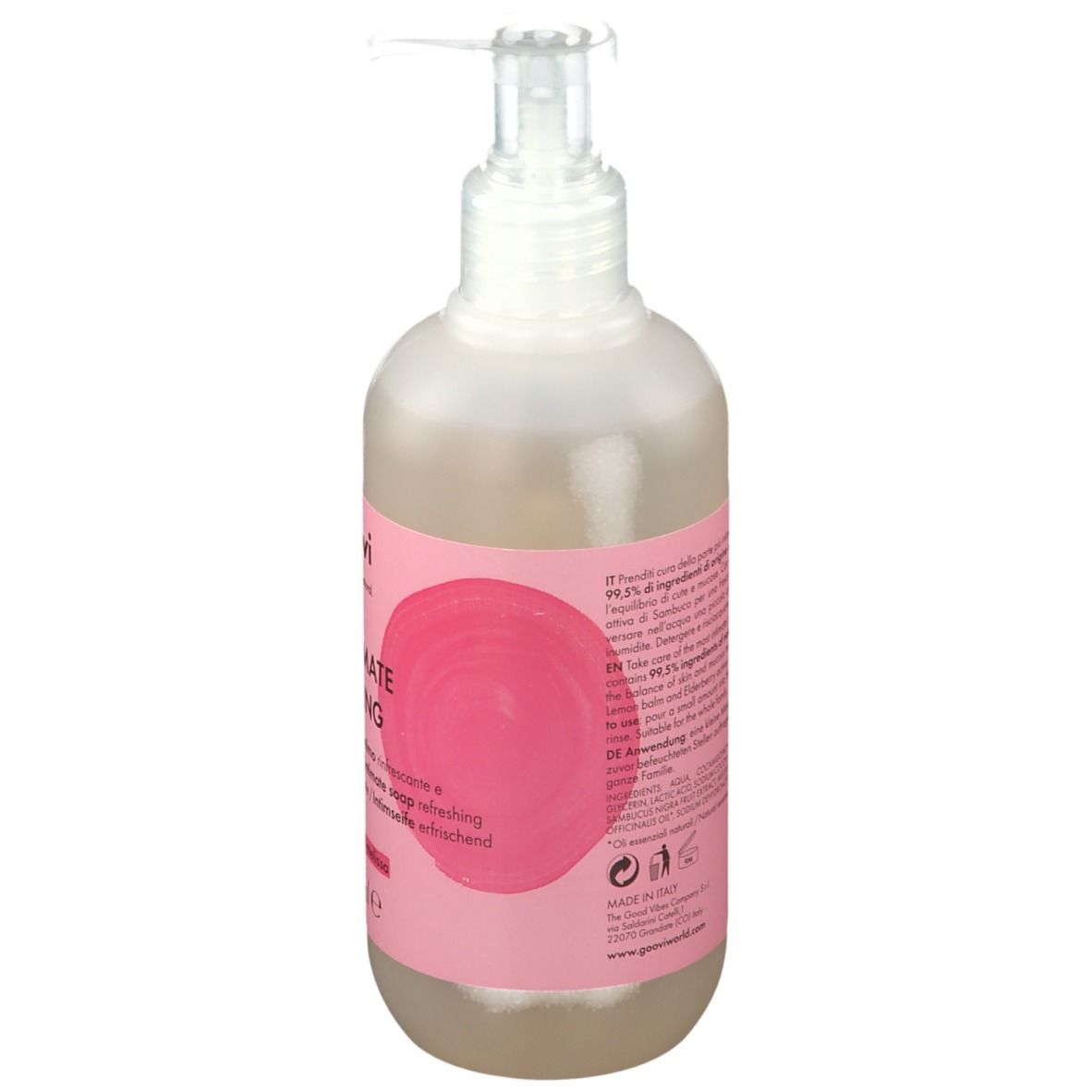 Runde Flasche mit Dosierpumpe. Rückseite mit Text und Inhaltsangaben. Rosa Etikett mit Produktnamen. Marke Goovi.