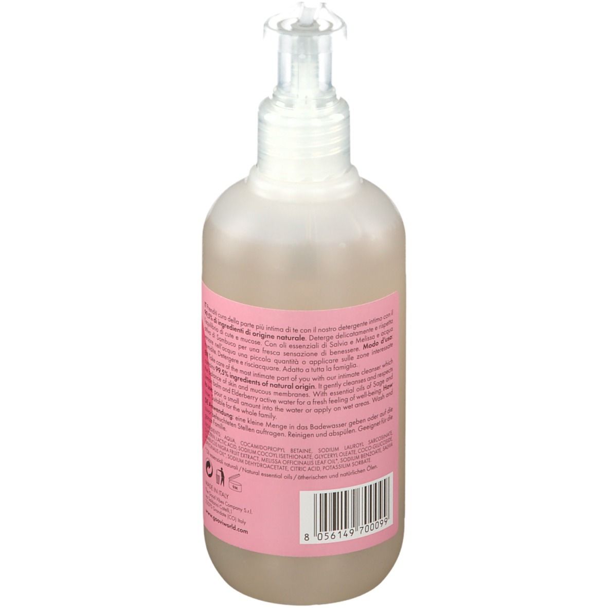 Runde Flasche mit Dosierpumpe. Rückseite mit Text und Inhaltsangaben. Rosa Etikett mit Produktnamen. Marke Goovi.