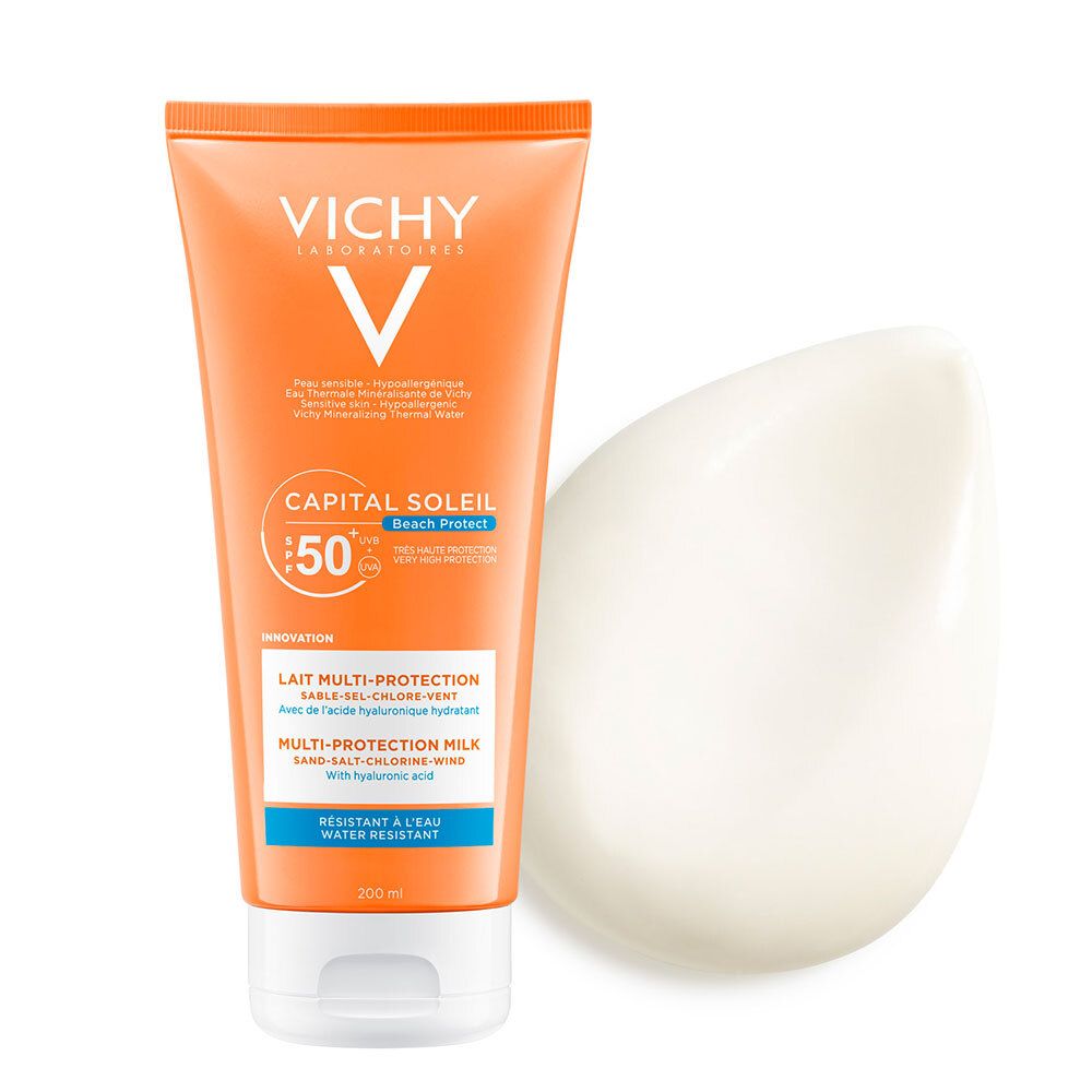 Tube orange avec bouchon blanc et à côté un échantillon blanc du produit. Inscriptions: VICHY, CAPITAL SOLEIL, SPF 50+.