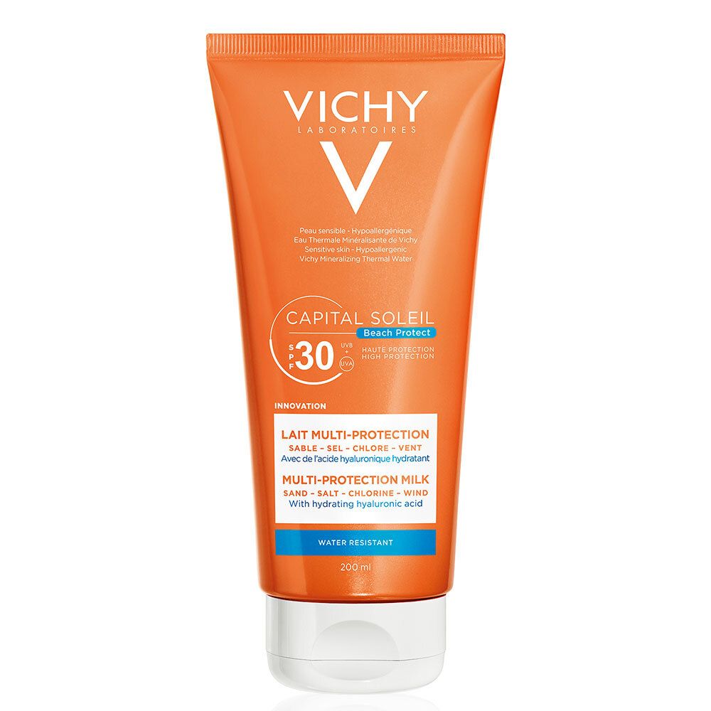 Tube orange avec bouchon blanc. Inscriptions: VICHY, CAPITAL SOLEIL, SPF 30, Lait Multi-Protection. Résistant à l'eau.