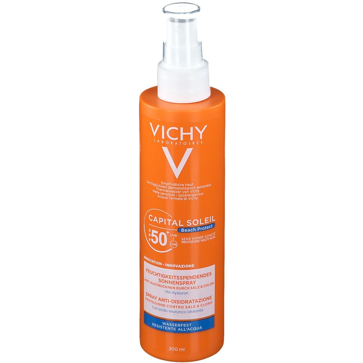 Flacon spray orange avec tête blanche. Inscription: VICHY, CAPITAL SOLEIL, SPF 50+. Texte: Spray solaire hydratant.