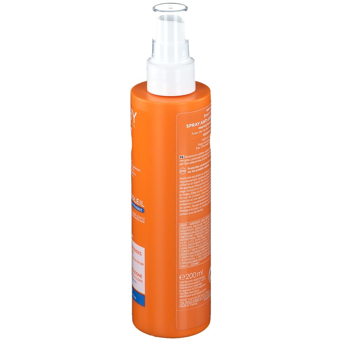Flacon spray orange avec tête blanche. Inscriptions et texte au dos. E200ml.