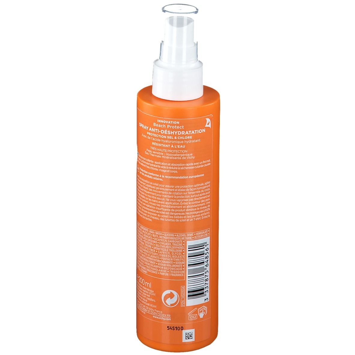 Flacon spray orange avec tête blanche. Inscriptions et texte au dos. E200ml.