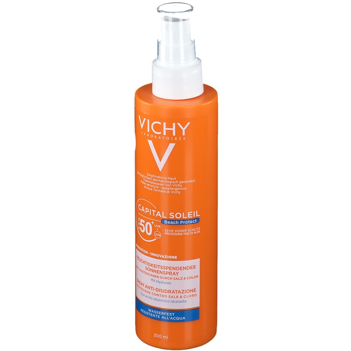Flacon spray orange avec tête blanche. Inscription: VICHY, CAPITAL SOLEIL, SPF 50+. Texte: Spray solaire hydratant.