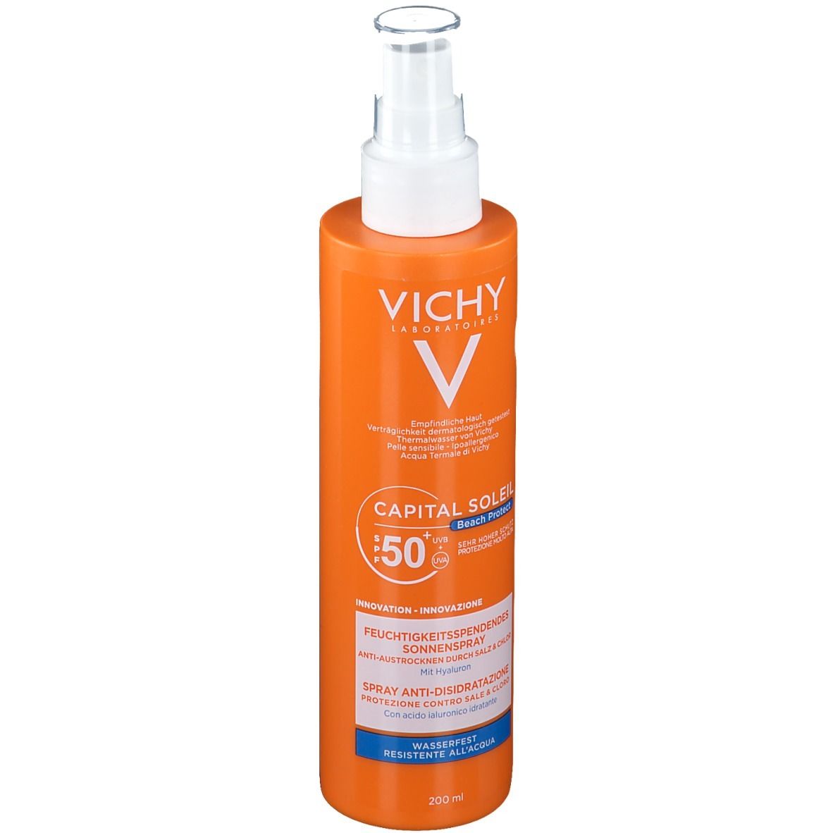Flacon spray orange avec tête blanche. Inscription: VICHY, CAPITAL SOLEIL, SPF 50+. Texte: Spray solaire hydratant.