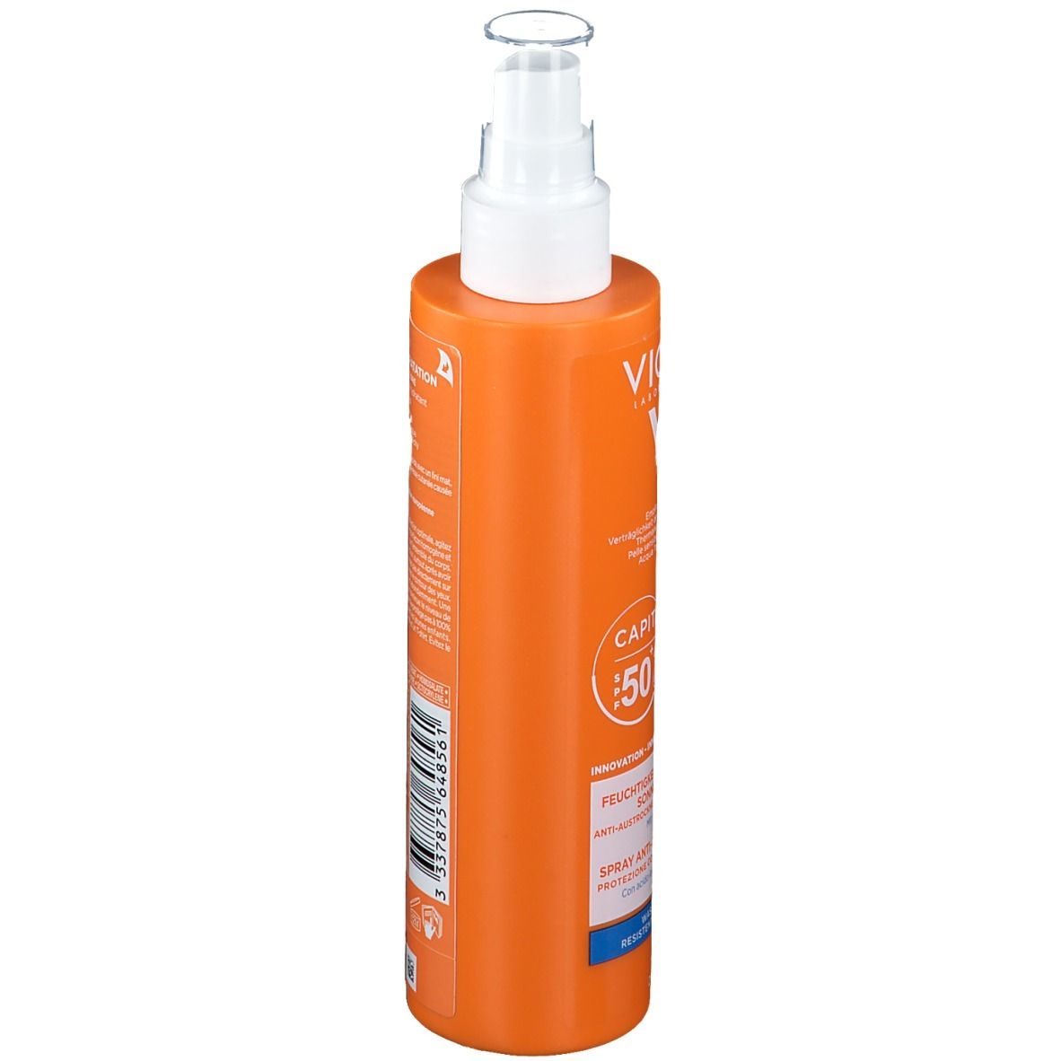 Flacon spray orange avec tête blanche. Inscriptions et texte au dos.