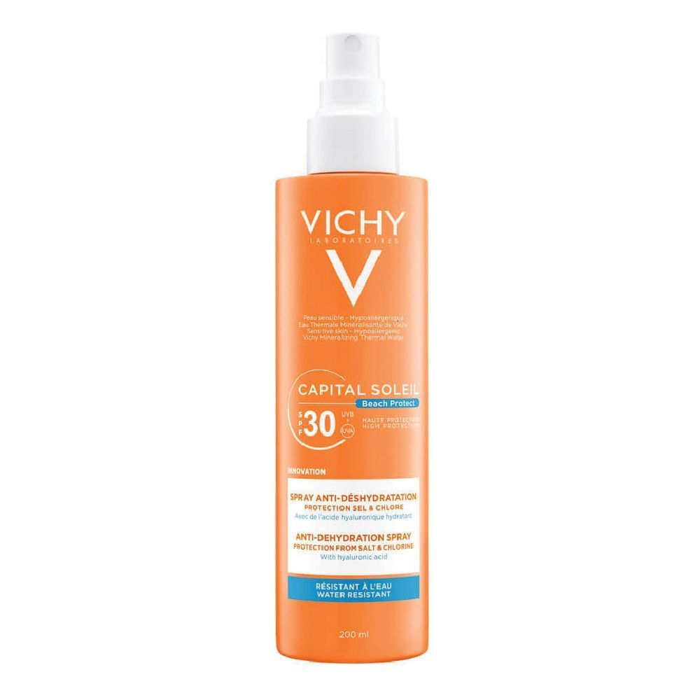 Vichy Capital Soleil Spray. Orange Flasche mit weißem Sprühkopf. LSF 30. Anti-Dehydration Spray. Wasserfest.
