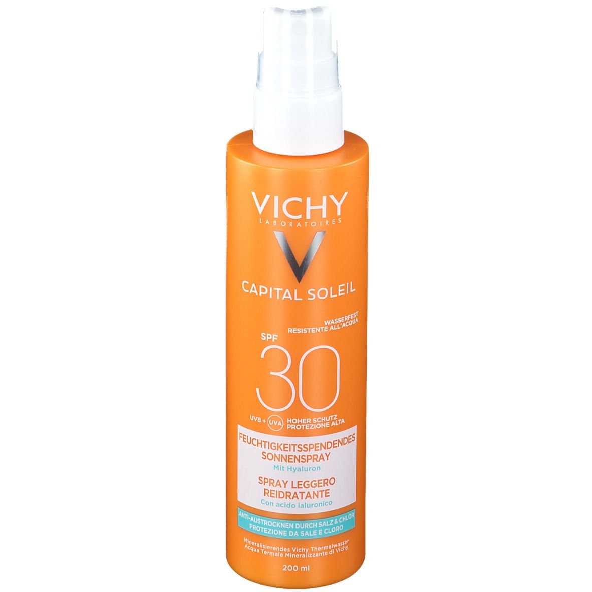 Vichy Capital Soleil Spray. Orange Flasche mit weißem Sprühkopf. LSF 30. Feuchtigkeitsspendendes Sonnenspray.