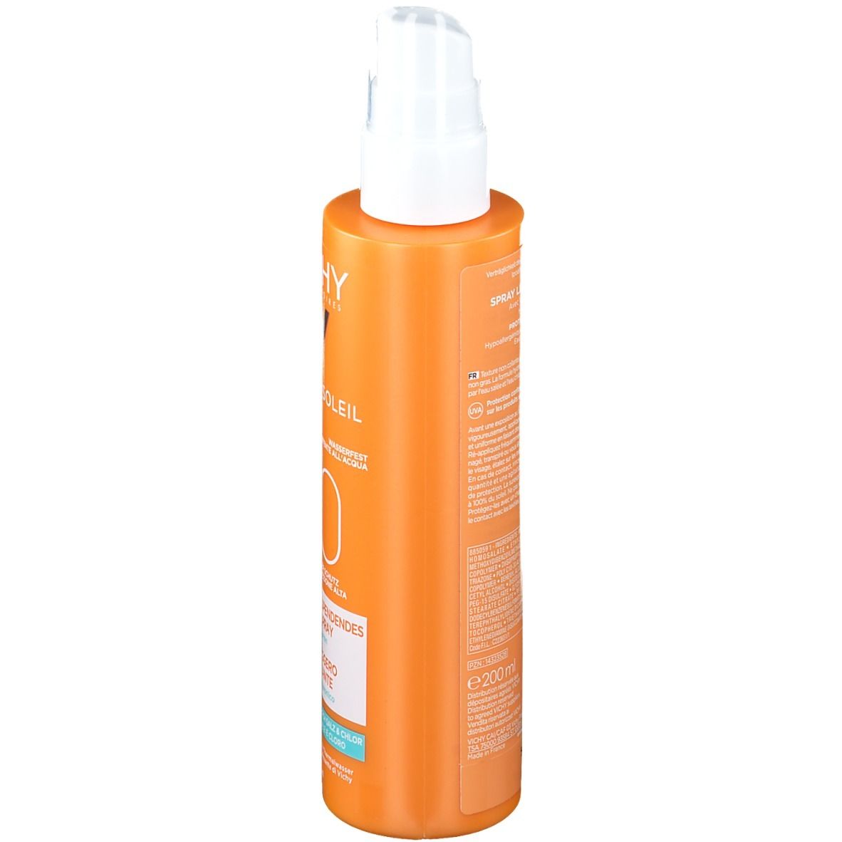 Vichy Capital Soleil Spray. Orange Flasche mit weißem Sprühkopf. Seitenansicht. Text auf der Flasche.