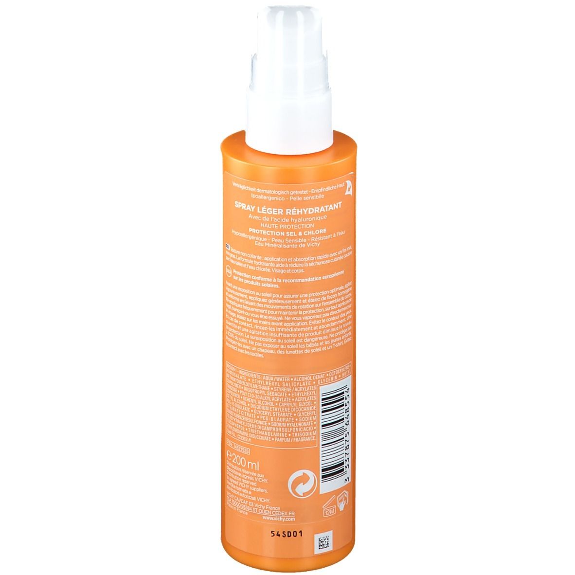 Vichy Capital Soleil Spray. Rückseite der Flasche. Text und Informationen. Orange und weiß.