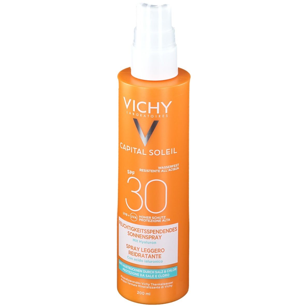 Vichy Capital Soleil Spray. Orange Flasche mit weißem Sprühkopf. LSF 30. Feuchtigkeitsspendendes Sonnenspray.