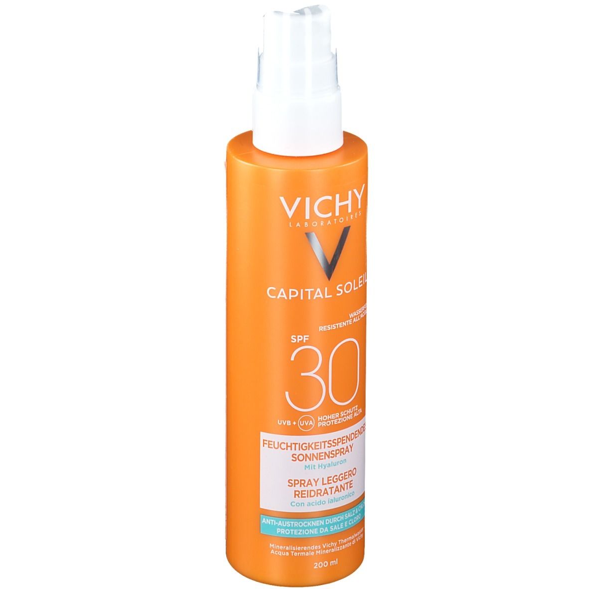 Vichy Capital Soleil Spray. Orange Flasche mit weißem Sprühkopf. LSF 30. Feuchtigkeitsspendendes Sonnenspray.