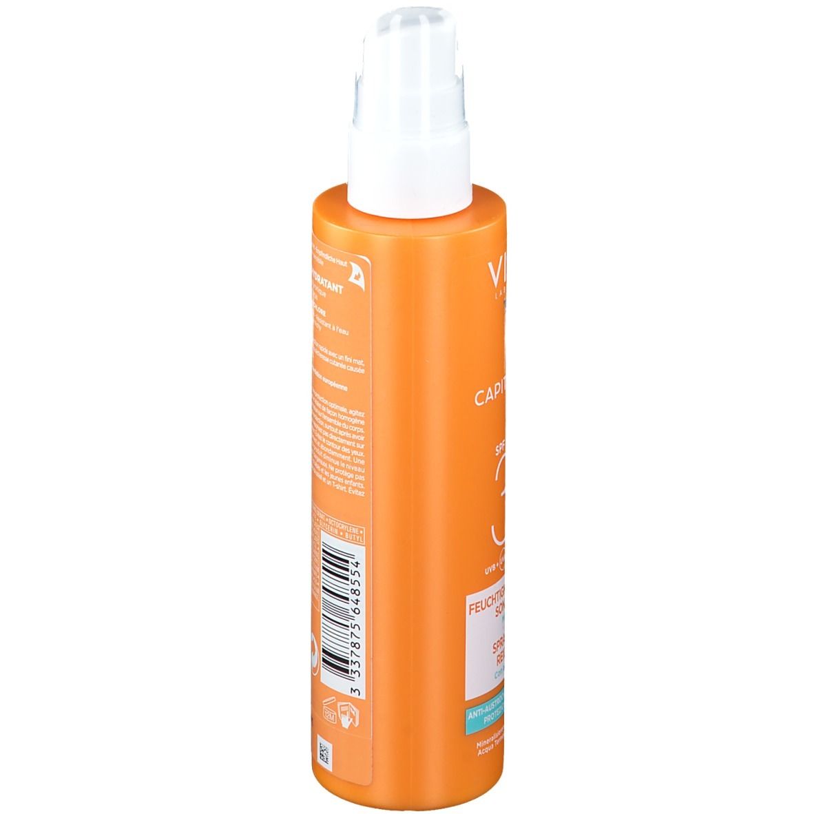 Vichy Capital Soleil Spray. Rückseite der Flasche. Text und Informationen. Orange und weiß.