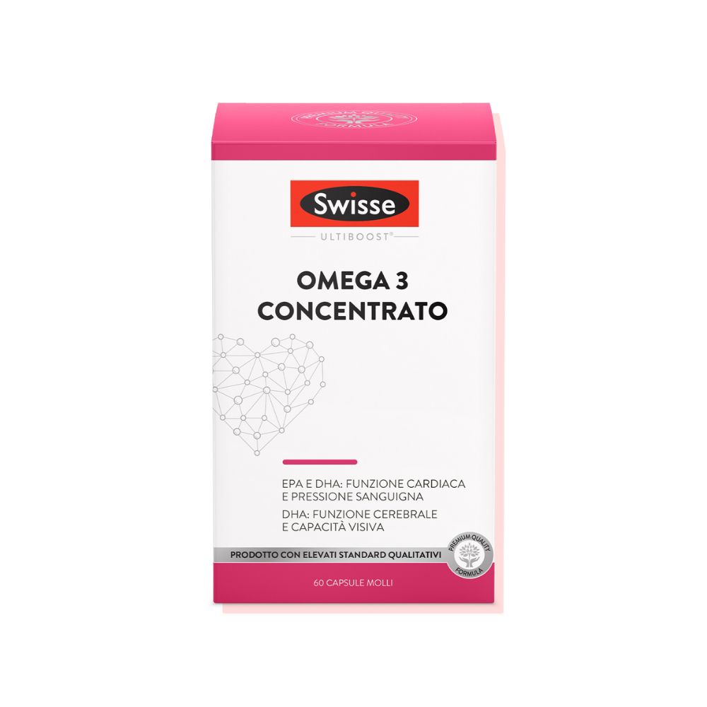 Schachtel mit Swisse Omega 3 Concentrato. Weiß, rot. Text: Omega 3 Concentrato, EPA, DHA, 60 Softgels. IFOS-Zertifizierung.