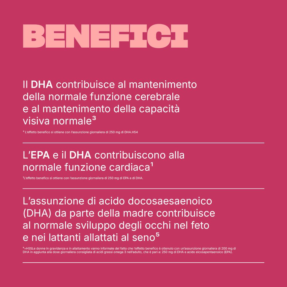 Textseite mit Informationen zu den Vorteilen von DHA und EPA. Rosa Hintergrund. Text in italienischer Sprache.