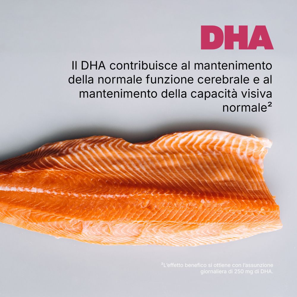 Lachsfilet auf grauem Hintergrund. Text: DHA. Informationen über die Vorteile von DHA in italienischer Sprache.