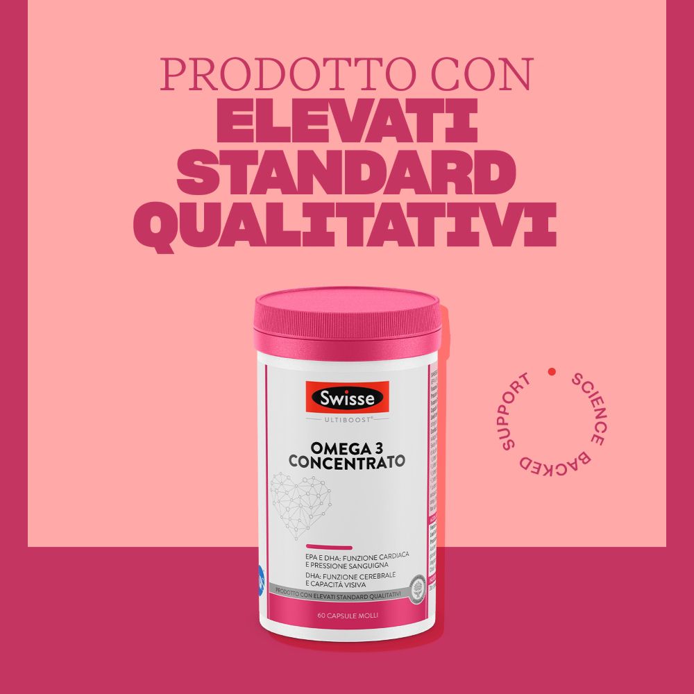 Flacon de produit sur fond rose. Texte : Omega 3 Concentrato. Texte : 60 gélules. Certification IFOS.