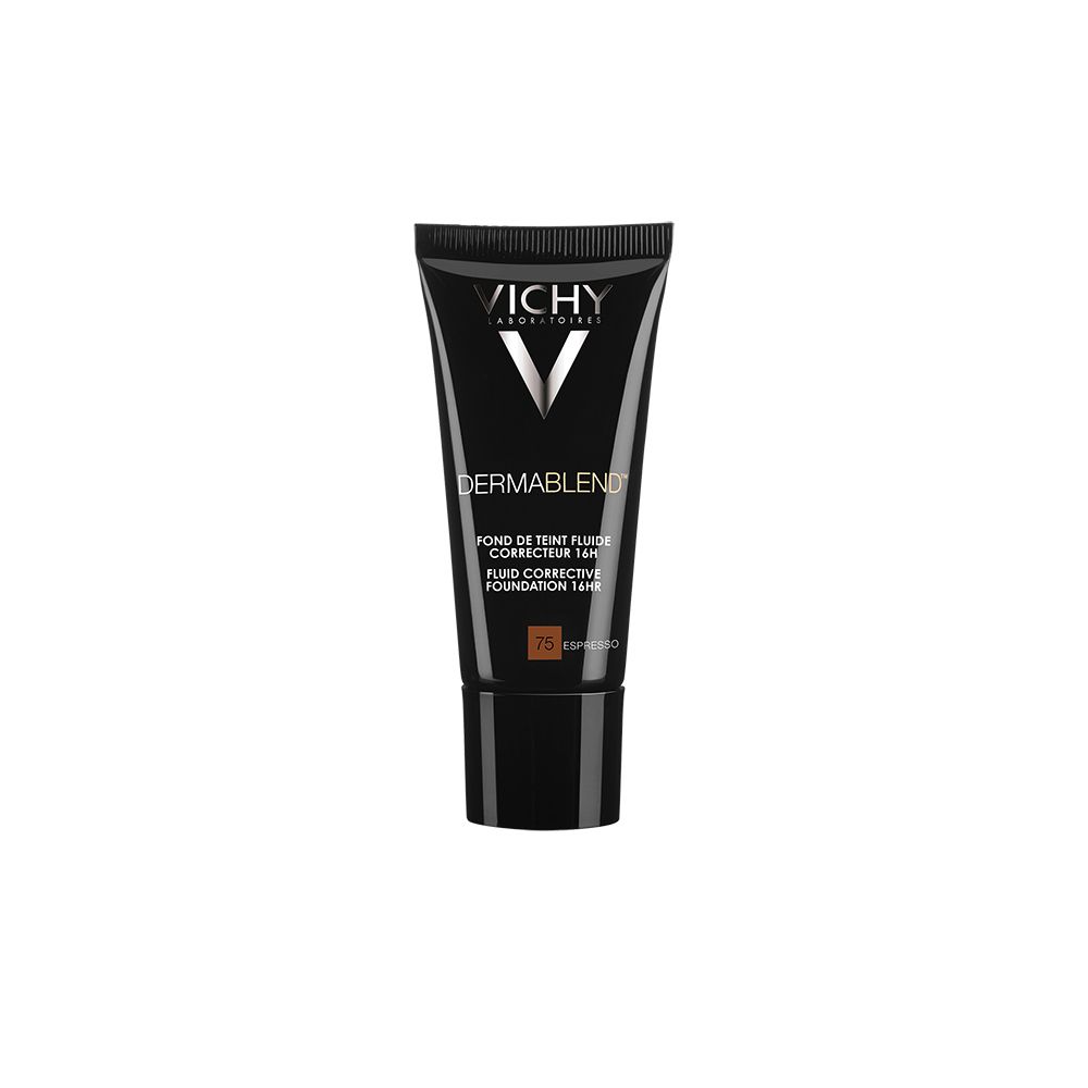 Tube de maquillage Vichy Dermablend 75 Espresso. Tube noir avec logo et informations produit.