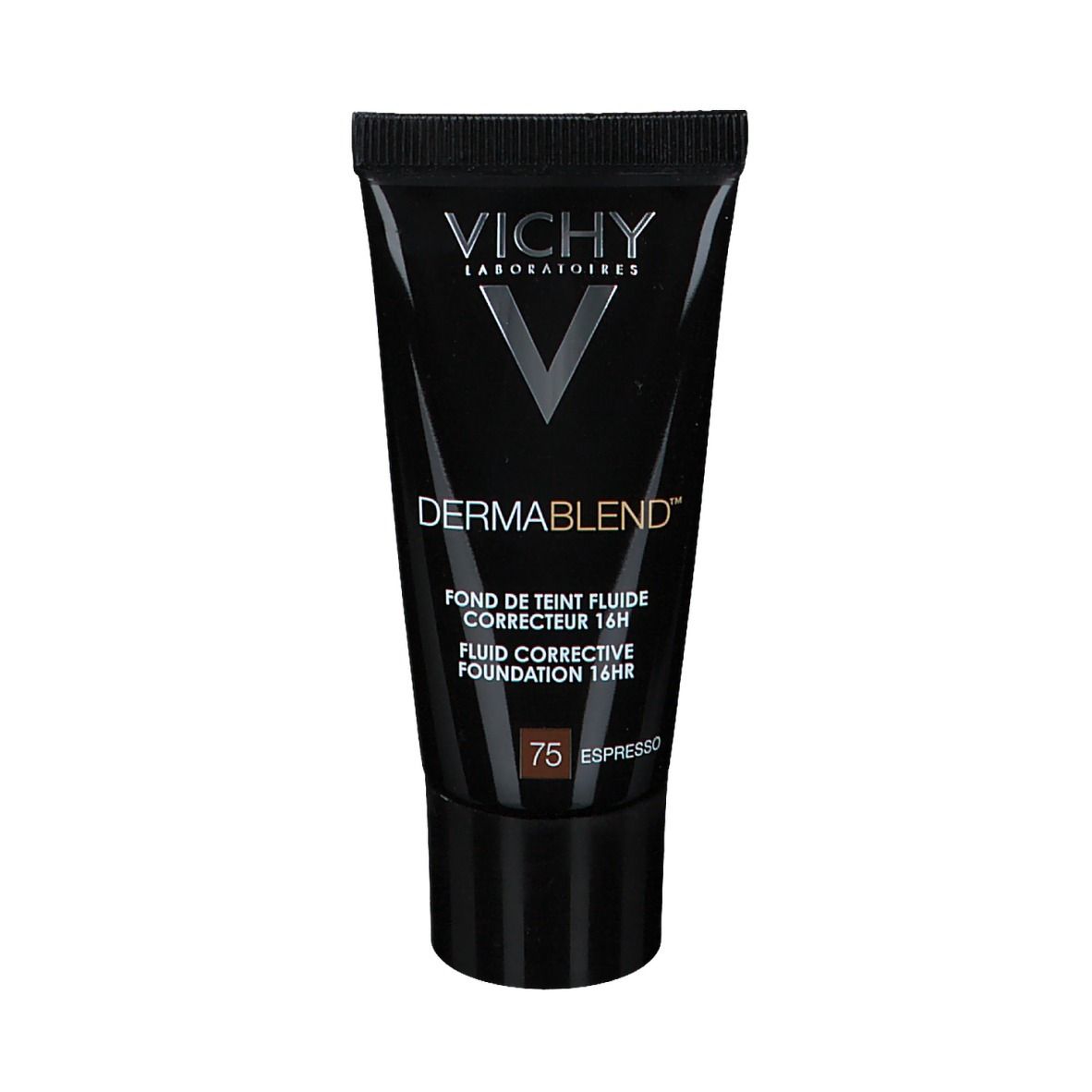 Tube de maquillage Vichy Dermablend 75 Espresso. Tube noir avec logo et informations produit.