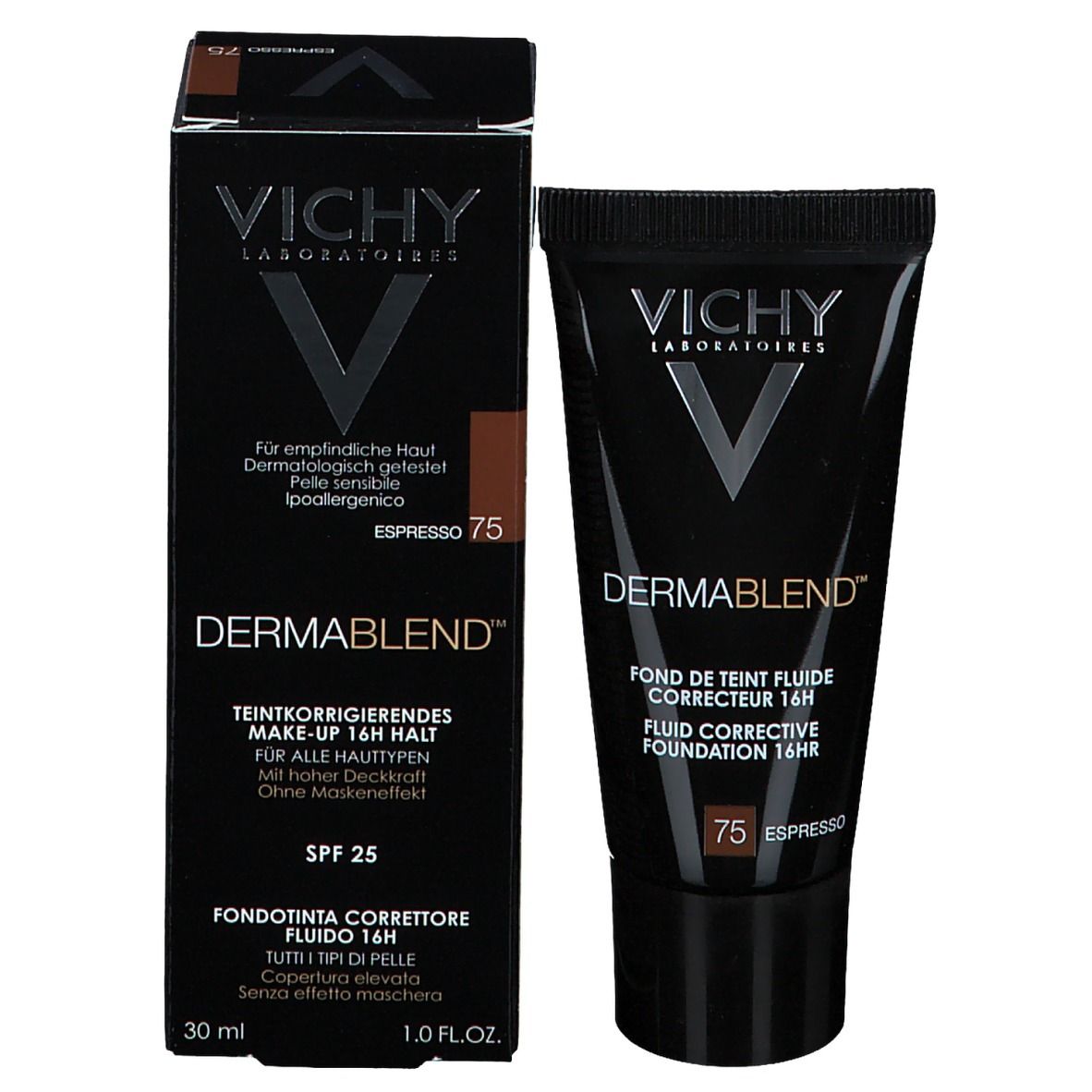 Vichy Dermablend Make-Up et emballage. Boîte et tube noirs. Teinte 75 Espresso.