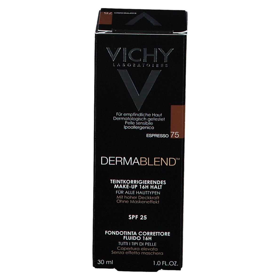 Emballage Vichy Dermablend Make-Up. Boîte noire avec informations produit et teinte 75 Espresso.