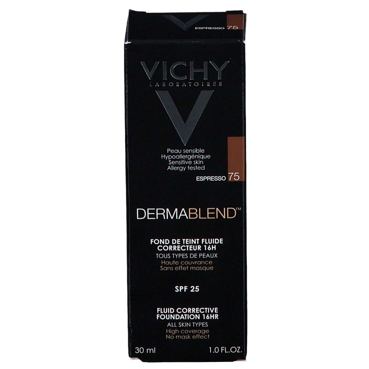 Emballage Vichy Dermablend Make-Up. Boîte noire avec informations produit et teinte 75 Espresso.