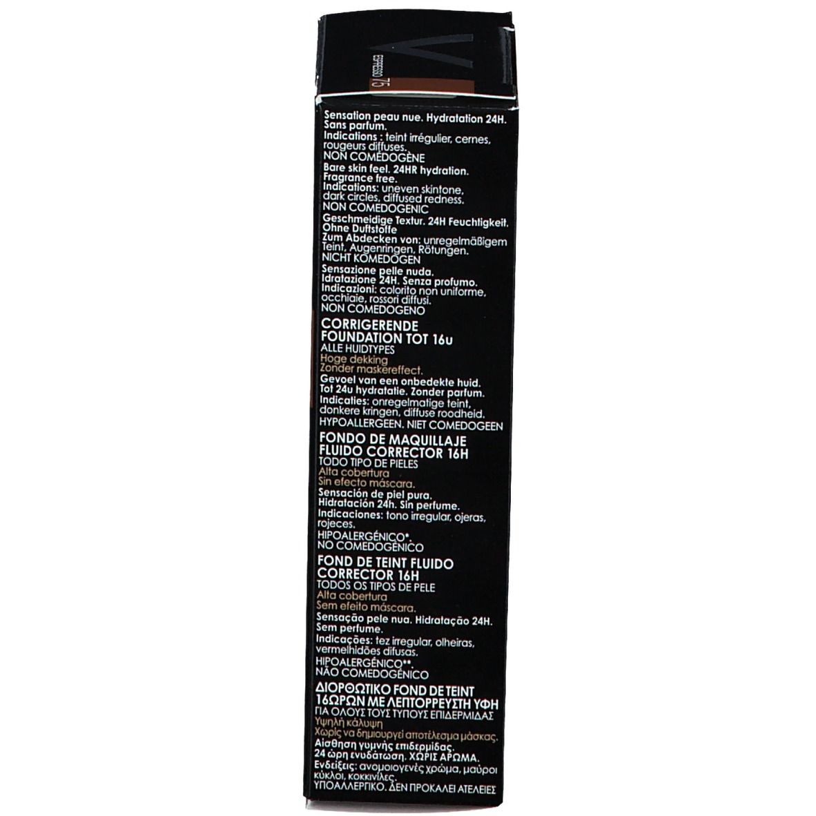 Dos de l'emballage Vichy Dermablend Make-Up. Texte multilingue, informations produit.