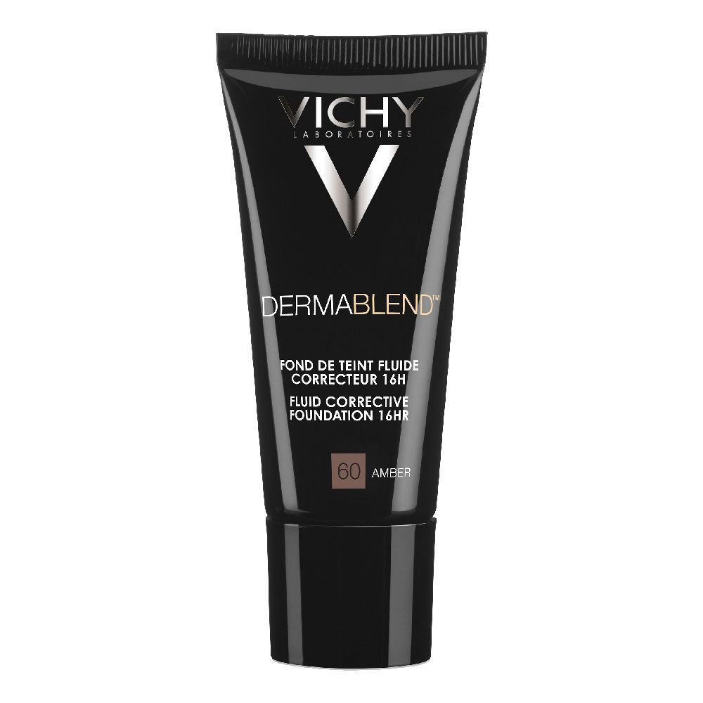 Vichy Dermablend Make-Up 60 Amber. Schwarze Tube mit Produktinformationen. Vichy-Logo und Produktname deutlich sichtbar.