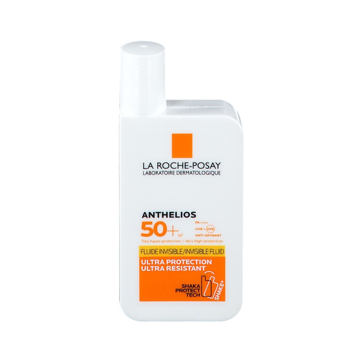 Flacon blanc avec bouchon blanc. Carré orange avec texte. Nom du produit et SPF clairement visibles.