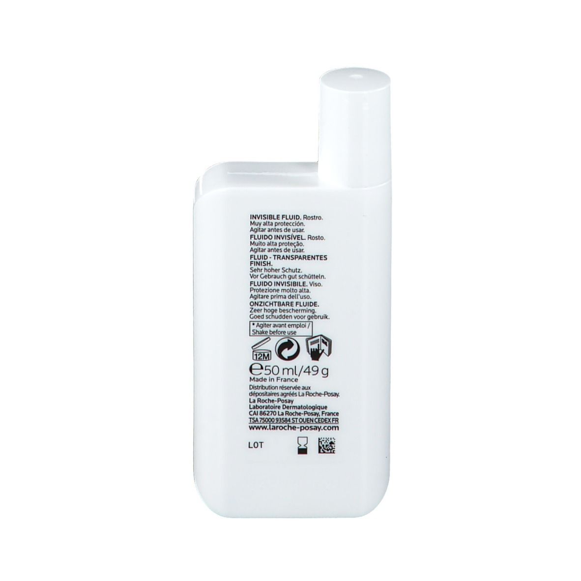 Dos du flacon blanc. Texte en plusieurs langues. Informations sur les ingrédients et le fabricant.