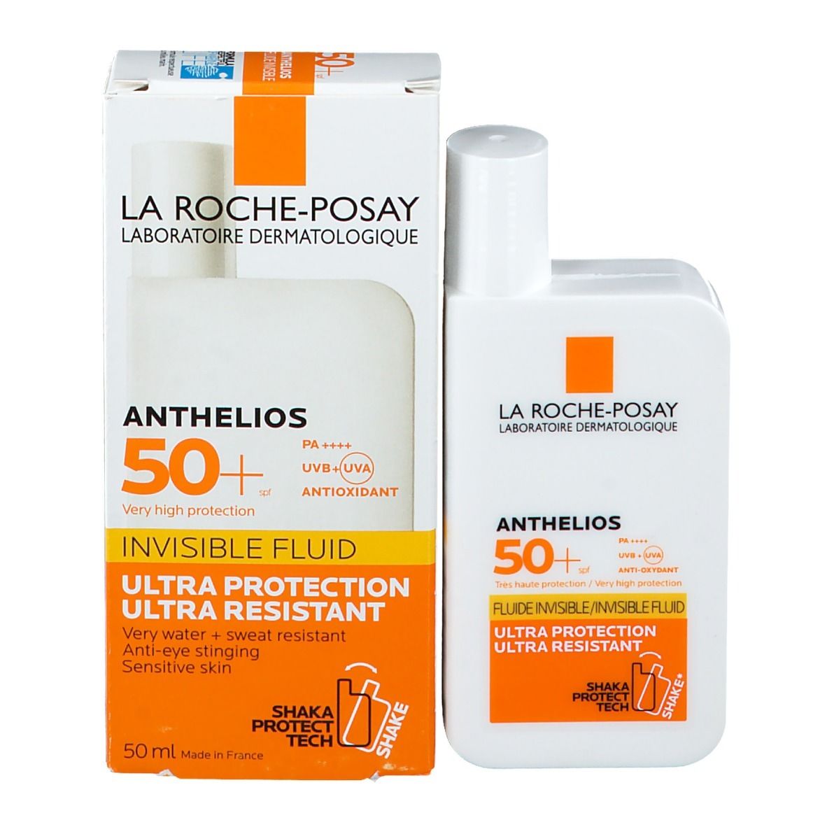 Emballage et flacon. Emballage avec nom du produit et SPF. Flacon à côté.