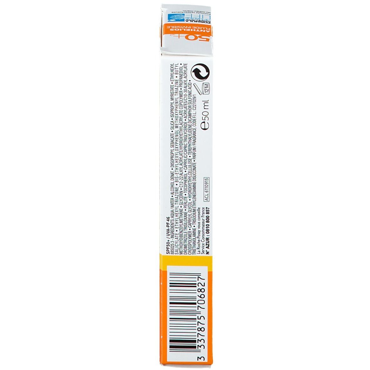 Emballage produit étroit. Texte et code-barres. Informations sur les ingrédients et le fabricant.