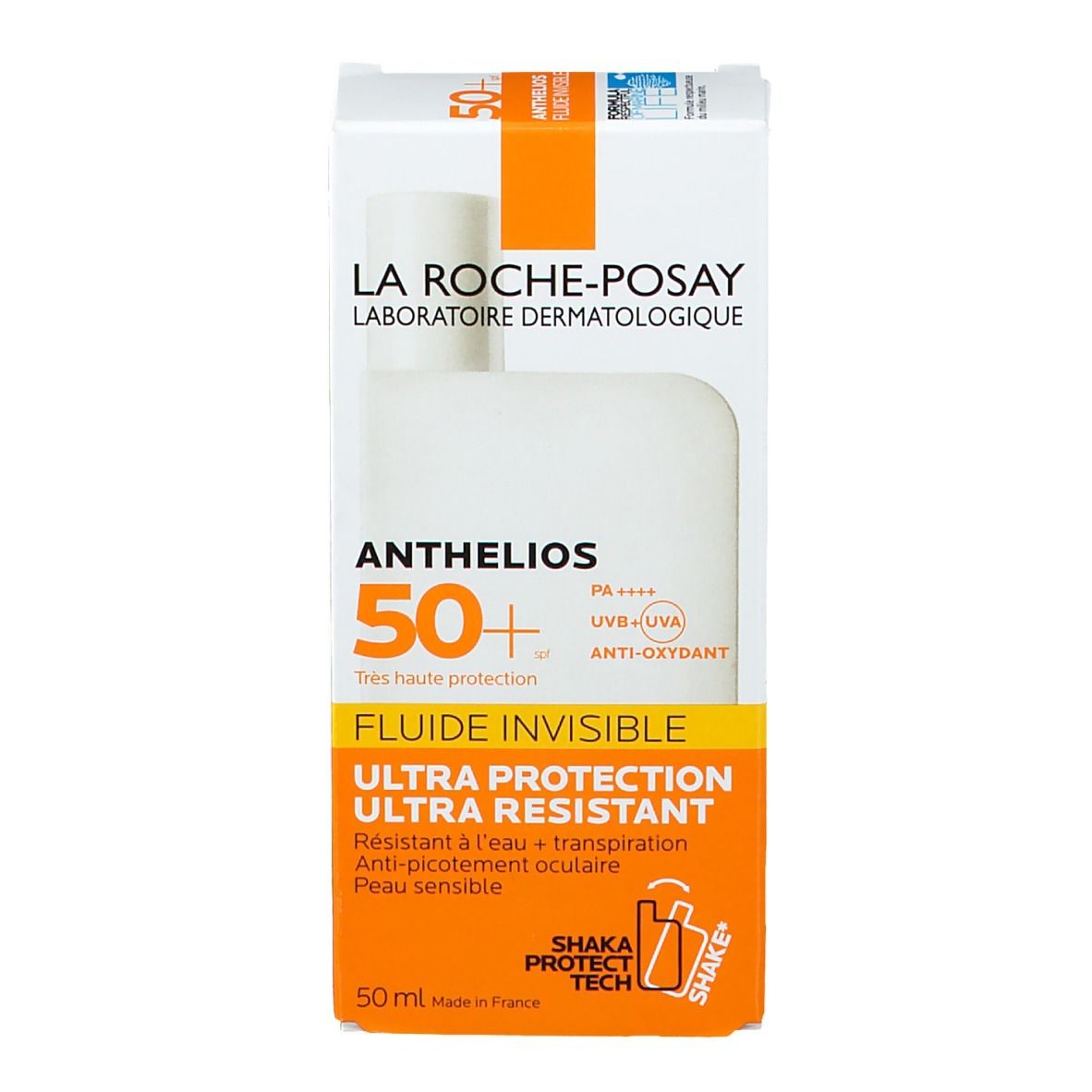 Emballage avec flacon. Emballage avec nom du produit et SPF. Flacon à côté.