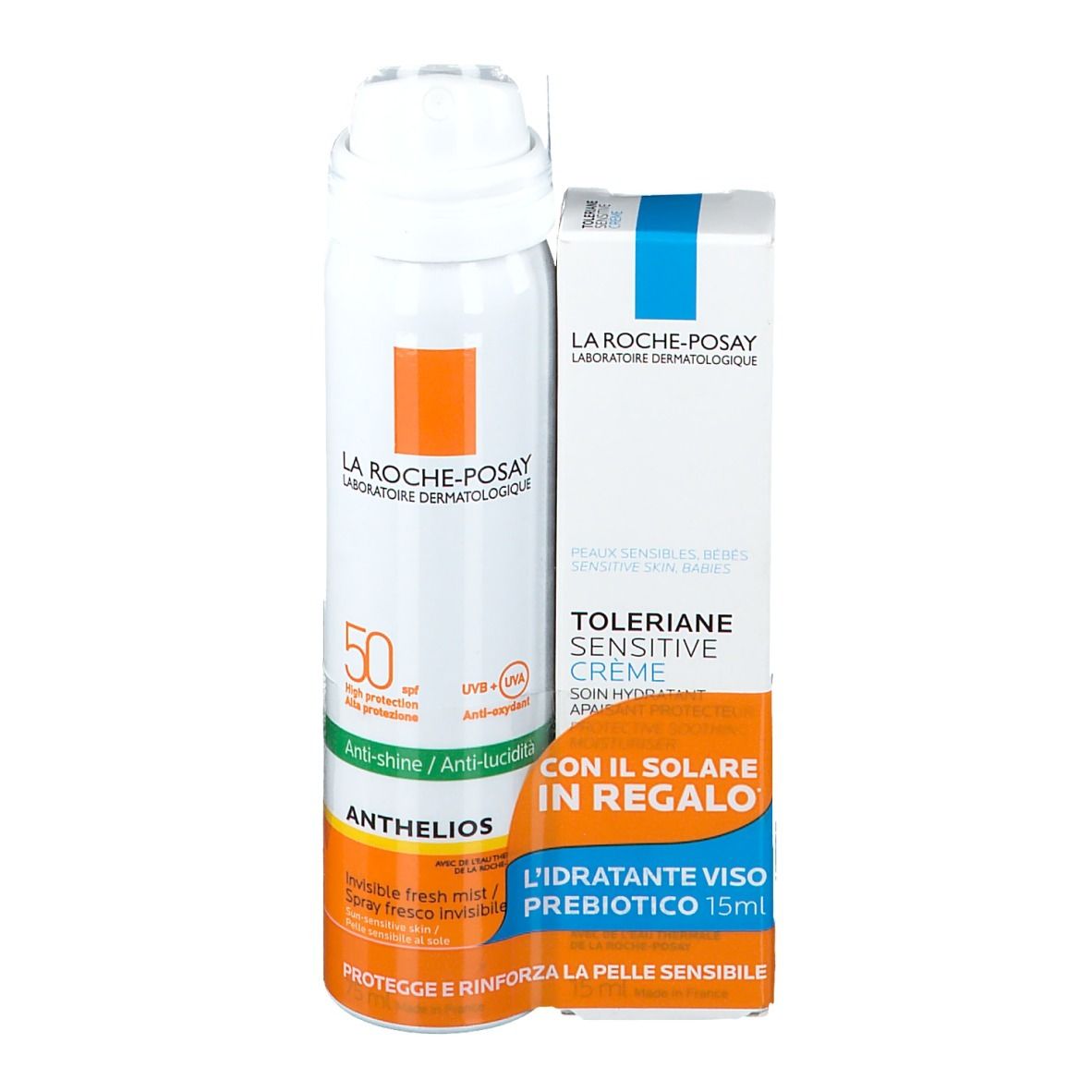 La Roche-Posay Anthelios LSF 50 Spray und Toleriane Sensitive Creme. Weiße Sprühflasche, orangefarbene Akzente, blaue und weiße Verpackung.
