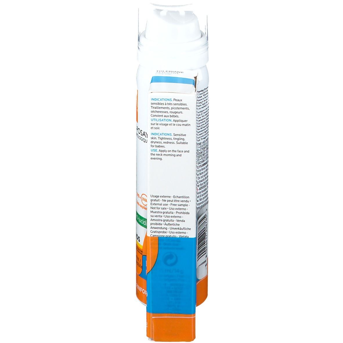 La Roche-Posay Anthelios Spray, Rückseite. Weiße Flasche mit Text und Informationen. Orangefarbene und blaue Akzente.